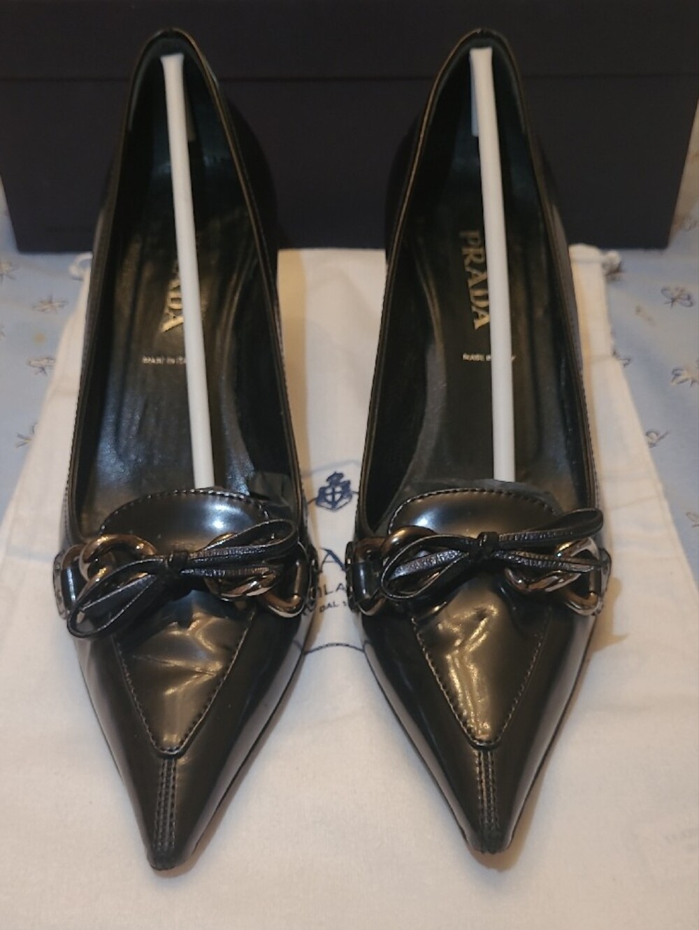 Prada Black Patent Leather Kitten Heel Pumps with Chain Detail